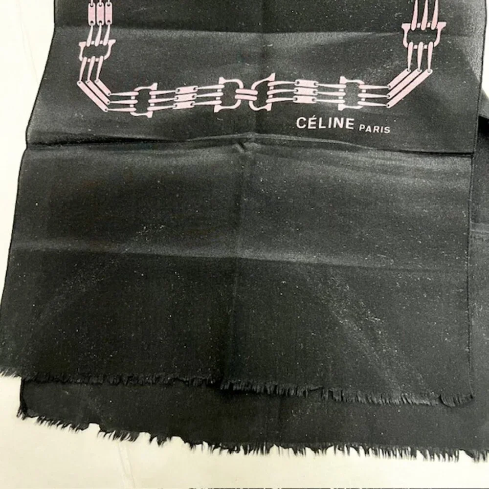 Celine silk scarf rayon length 47" x10" Authentic Black gold logo Fringe ( 47) - Picture 7 of 7